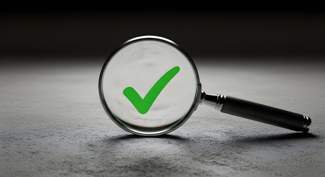 Magnifying glass revealing a green checkmark, symbolizing verification, accuracy, and successful completion of a task or inspection