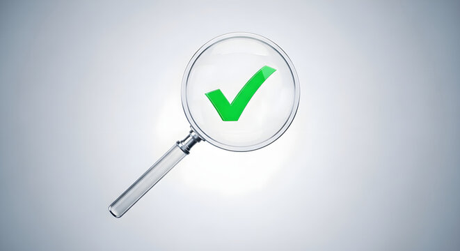 Magnifying glass highlighting a vibrant green checkmark, symbolizing successful completion, thorough verification, quality assurance, and positive results in a search or evaluation