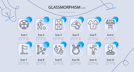 Football icon. Ball, player dribble, field layout, referee whistle, jersey uniform, supporter scarf, corner flag, tactic board, substitution, medal award, cheering fan, coach avatar. Sport competition © Anastasia