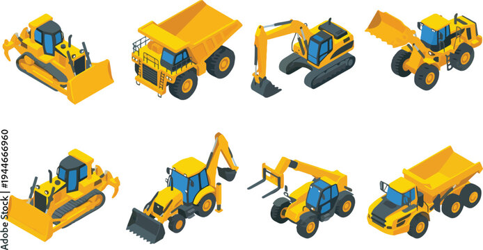 Isometric Heavy Construction Machinery Vector Set Featuring Excavator Bulldozer Dump Truck Backhoe Loader and Forklift for Industrial Project Design