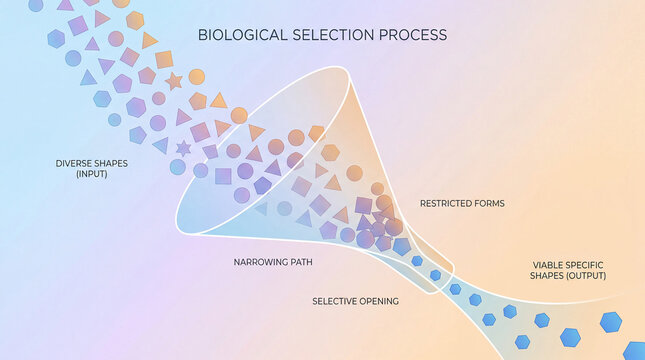 Dynamic journey of varied geometric forms sifting through a selective biological funnel, revealing viable specific outcomes
