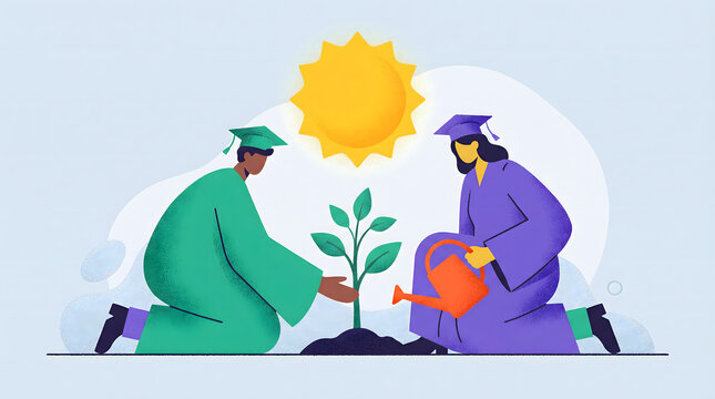 Flat illustration of two graduates planting and watering a young tree under a bright sun. Conceptual art representing education, growth, sustainability, and nurturing a successful future.