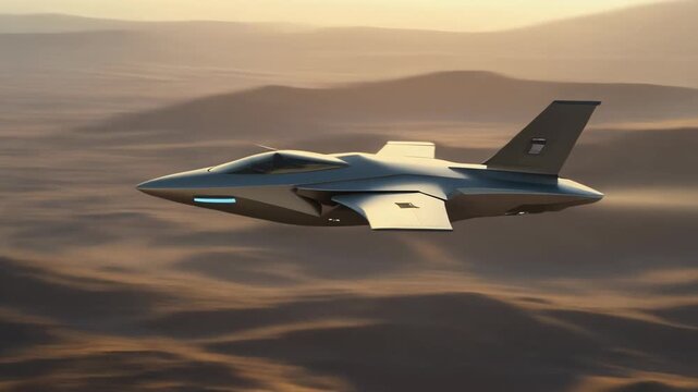 Fighter jet flying over desert landscape.
