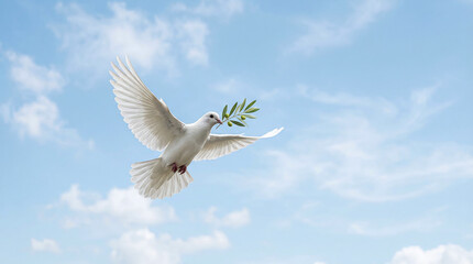 Obraz premium White dove of peace flying in the blue sky with an olive branch in its beak. Symbol of hope and freedom.