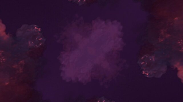 A kaleidoscopic explosion of flames on a dark purple background. Cinematic 3D VFX simulation of bright fire and thick smoke. High detail and realism in 4K quality