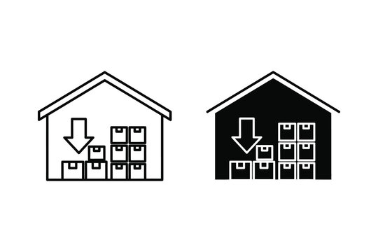Warehouse with Boxes and Down Arrow Icon - Inbound Logistics & Inventory Management