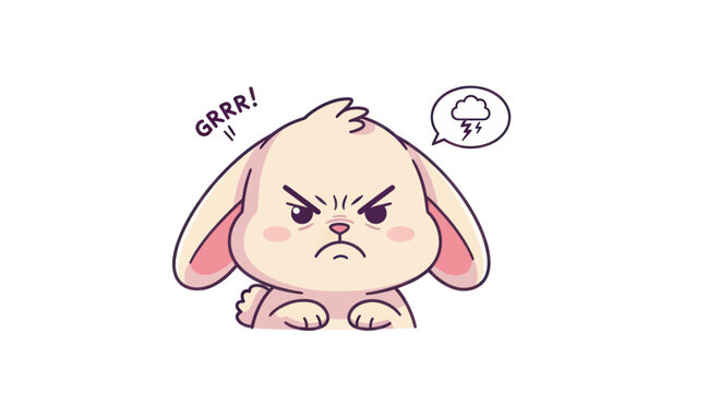 Cute Angry Bunny Rabbit Character Grrr Emotion with Storm Cloud Speech Bubble