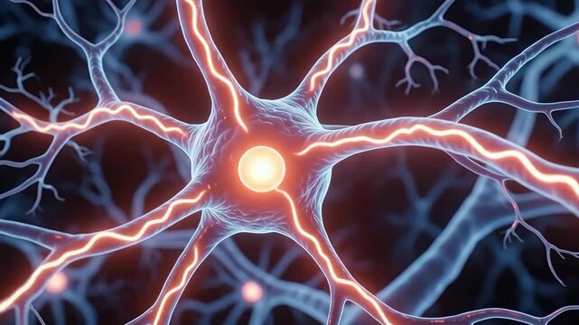 Microscopic view of a human nerve cell firing electrical signals within a dark blue neural system