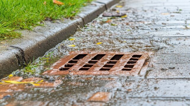 Rainy street gutter with overflowing drain