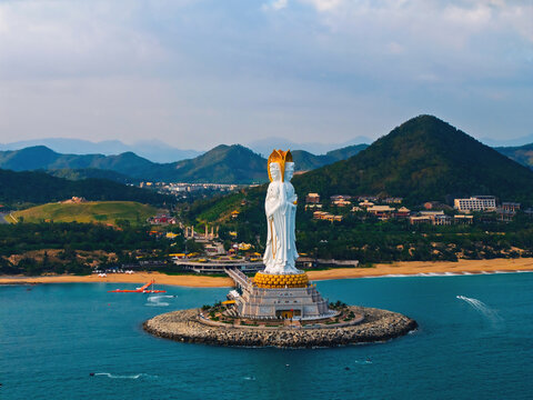 Aerial view of statue GuanYin at seaside in Nanshan buddhism center of Sanya, Hainan island China