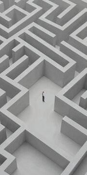 Minimal concrete maze with single person standing representing isolation and complex choices. Concept of navigating difficult situation, mental challenge, finding direction, problem solving.