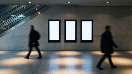 Fototapeta premium Three blank vertical digital advertising screens mockup on subway station wall with blurred silhouetted passengers walking past, underground transport media template, city commuter