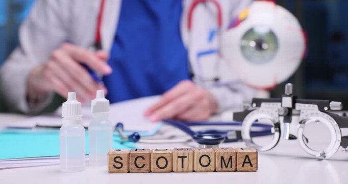 Wooden blocks spell word Scotoma by eyeball model and trial frame. Doctor tests visual field recording blind spot carefully during clinic examination