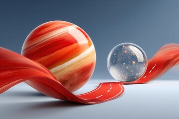 Fototapeta premium Futuristic red ribbon road winds beside abstract planets and a glass sphere of stars