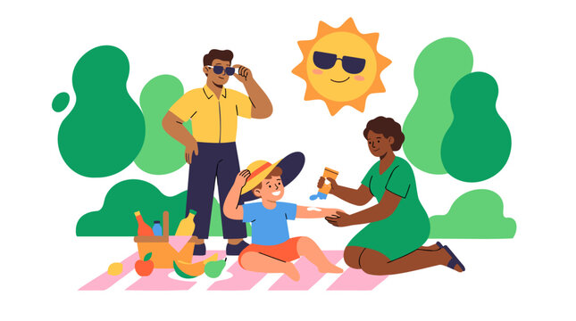 Family applies sunscreen to child at picnic, sun protection and summer fun, flat vector illustration vibrant colors, digital graphic white background.