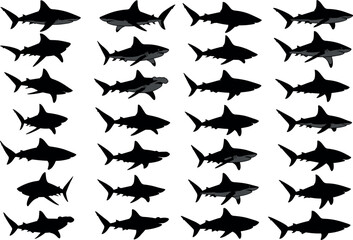 Fototapeta premium Shark silhouettes vector illustration with grid arrangement, black artwork symbolizing ocean life, marine biodiversity, and aquatic predator themes