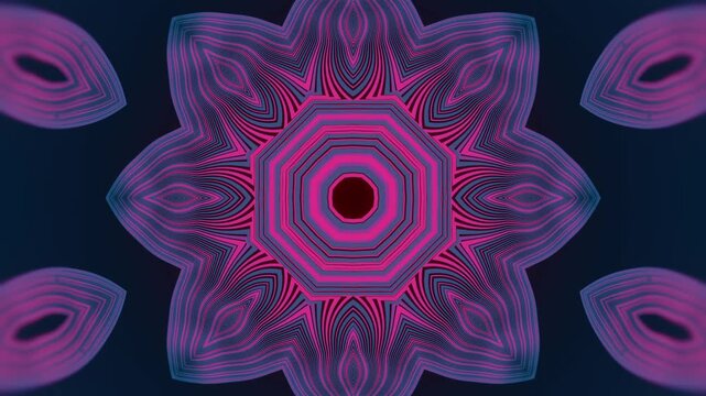 A hypnotic, seamless, 4K animation created with 3D graphics. It shows a symmetrical, kaleidoscopic pattern that is reminiscent of a lotus flower or a complex, esoteric mandala