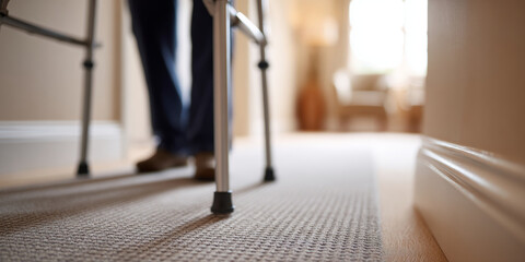 Person using walker indoors on carpet