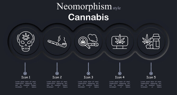 Cannabis set icon. Neomorphic circular interface line icons with skull marijuana leaf, smoking pipe device, rolled joint smoke cloud, cannabis leaf screen monitor, bottle leaf medicine