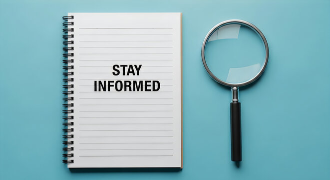 A notebook with stay informed and a magnifying glass nearby