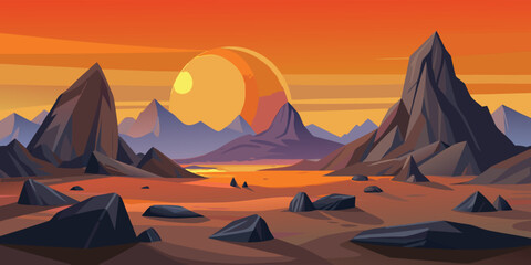 A vast and desolate alien planet landscape featuring sharp rocky mountains under a giant sunset sun © CreativeKamrul