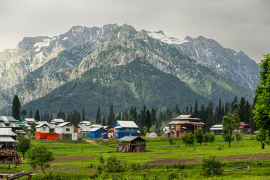View of charming village nestled amidst vibrant green meadows and towering, snow-capped mountains under a cloudy sky, Arang Kel, Pakistan.