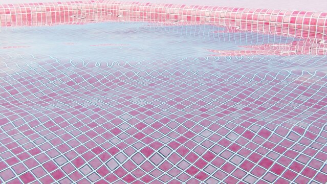 Horizontal abstract 3D pink liminal pool space tiles banner template wallpaper copyspace background, surreal summer water waves mosaic ceramic texture, resort spa vacation wellness promo design
