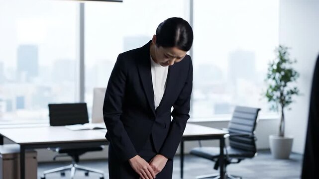 A person in a suit bows respectfully in a modern office setting