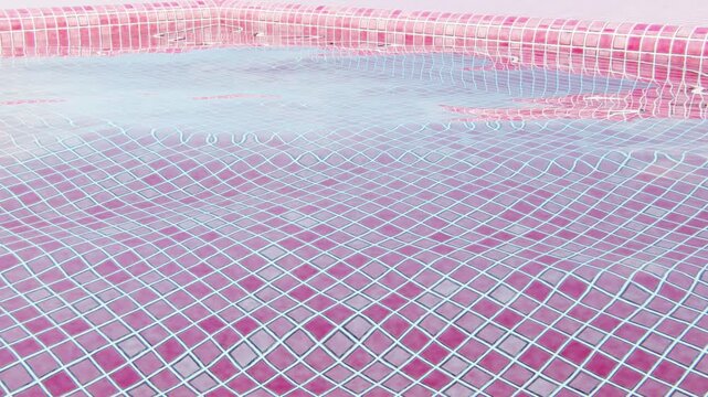 Horizontal abstract 3D pink liminal pool space tiles banner template wallpaper copyspace background loop animation, surreal summer water waves mosaic texture, resort spa vacation wellness promo design