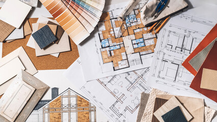 architect Eco retrofit planning with blueprints, material swatches and finish samples, sustainable...
