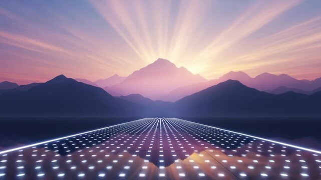 Abstract digital road leading to mountains at sunset