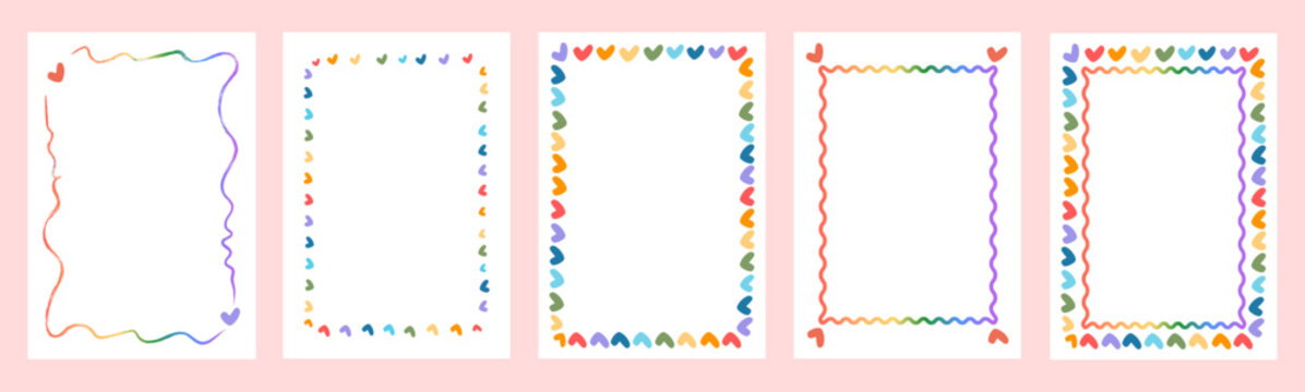 Rainbow heart frame set with retro doodle borders. Colorful hand-drawn wavy lines and heart icons with copy space. Funky whimsical templates for pride events, party invites, social media. Vector art.