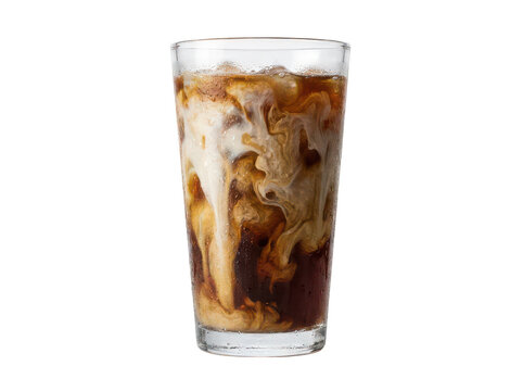 Creamy milk swirls into cold dark espresso inside a tall glass isolated transparent background image