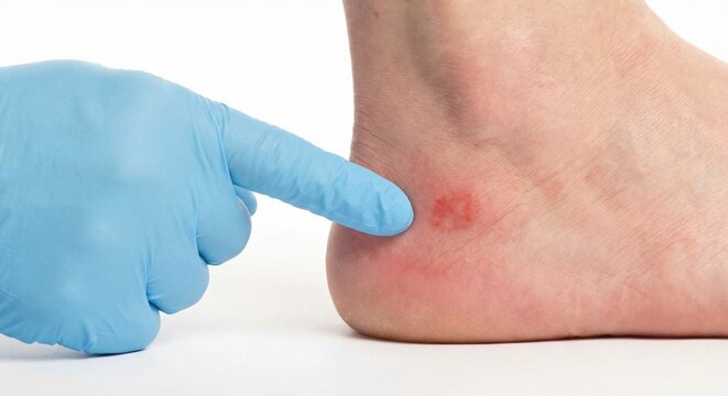 Doctor pointing to stage 1 pressure ulcer on heel