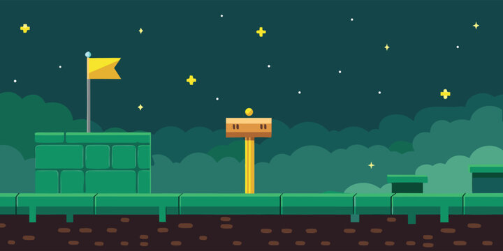 A serene night scene featuring a pixel art platformer level design with a flag and wooden signpost