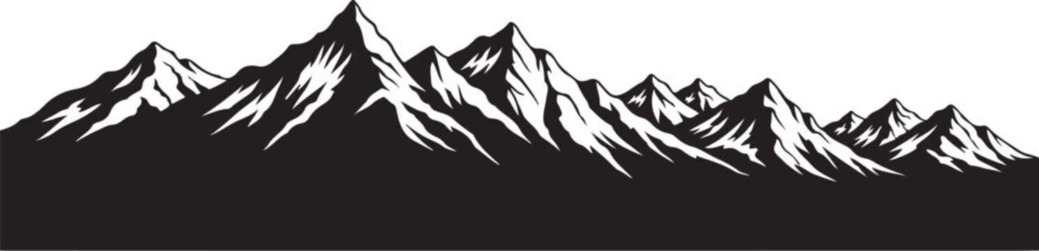 Black and white mountain range landscape, snowy peaks silhouette, vector illustration, scenic view border