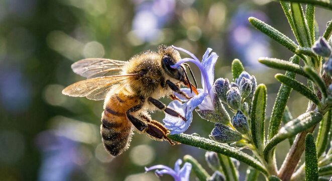Honeybee pollinating purple rosemary flower in sunlight