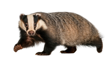 Striped European badger standing alert with dark brown paws and a long snout, isolated on transparent background for wildlife education materials © Solene