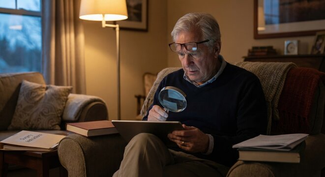 Senior man using magnifying glass to read tablet before surgery