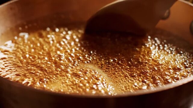 Molten sugar caramelizing in a copper pot, creating rich syrup for coffee, a close-up view of the bubbling process