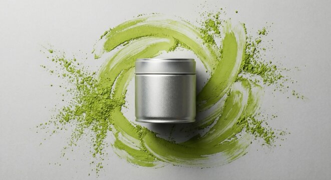 Silver tin mockup with artistic matcha powder swirls