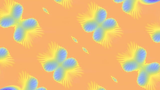 Bright seamless 3D animation with a diagonal pattern. Abstract ribbed shapes pulsate in yellow and blue tones against a peach background. A positive retro style for creative design