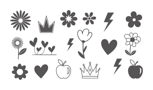 Collection of dark gray featuring flowers hearts lightning bolts apples and crowns
