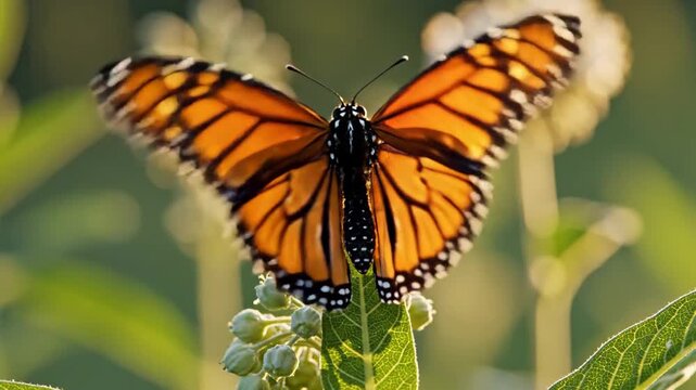 Monarch butterfly with vibrant orange wings unfurling for flight amidst soft green foliage