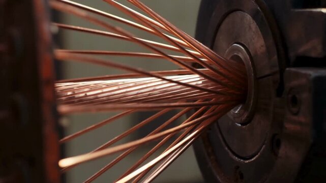 Copper wires on a spool in a factory setting with machinery