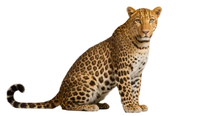 Fotobehang Luipaard Majestic adult leopard with distinctive rosette pattern fur attentively gazing forward, isolated on transparent background for wildlife designs  © Anneliese