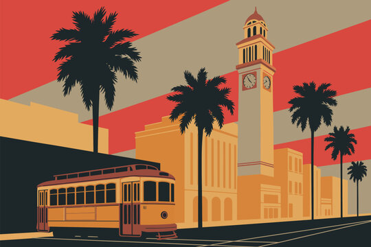 Vintage Trolley City Poster, Art Deco Clock Tower Palm Trees Retro Street Scene Illustration Artwork Design