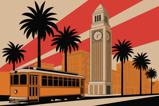 Art Deco Street Poster, Vintage Trolley Clock Tower Palm Trees Retro Cityscape 1930s Illustration Artwork Design