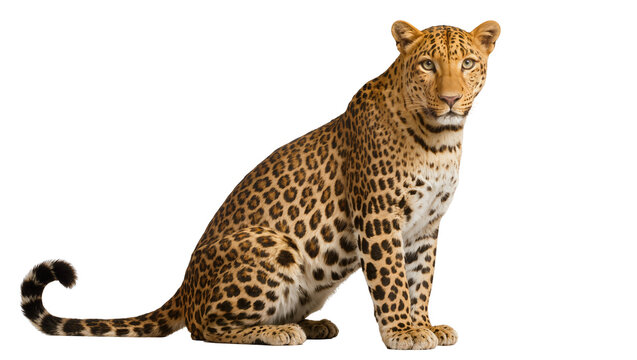 Majestic adult leopard with distinctive rosette pattern fur attentively gazing forward, isolated on transparent background for wildlife designs