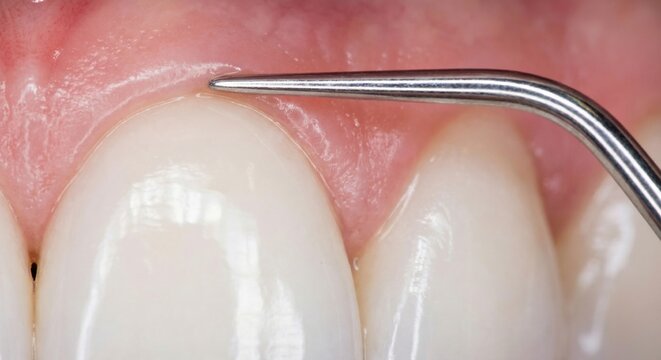 Dental explorer probe checking gumline on white teeth